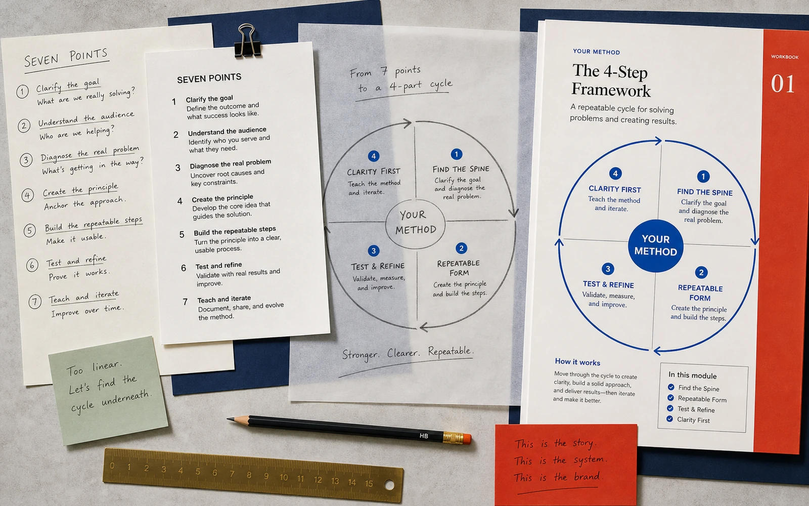 An expert method as a list of points beside the same logic gathered into an original diagram