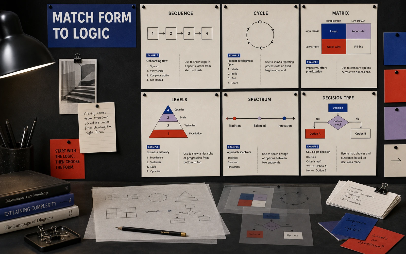 Choosing a diagram form from the logic of the method: sequence, cycle, matrix, levels, spectrum and decision tree
