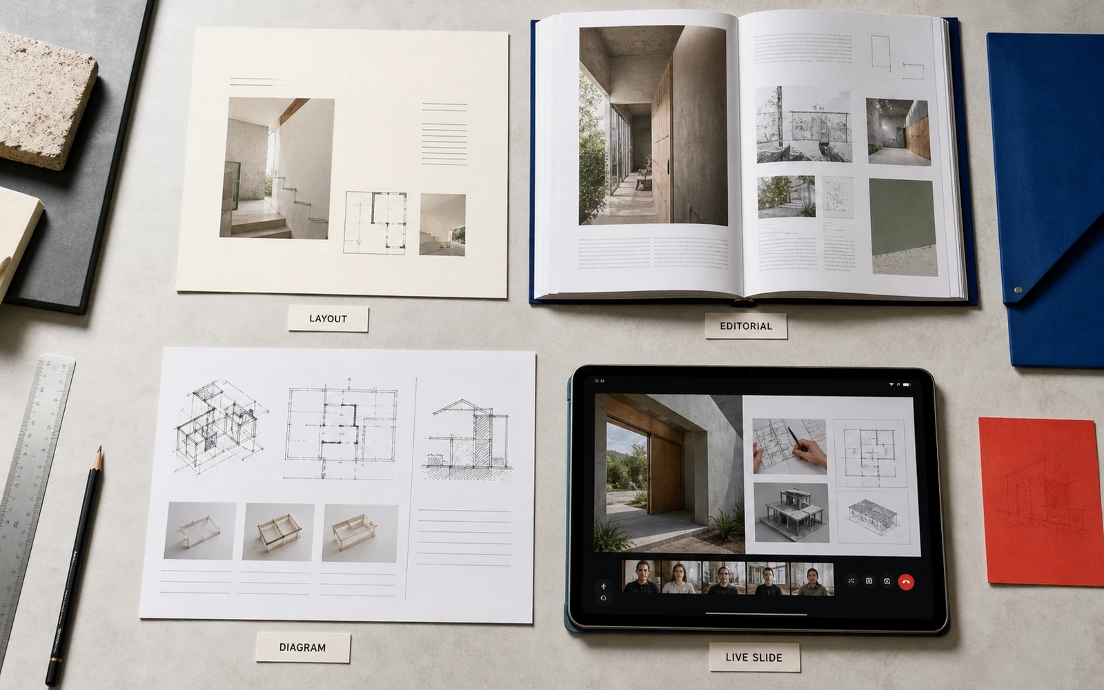 A comparison of simple course-page layout, an editorial spread, an original diagram and a multi-format system
