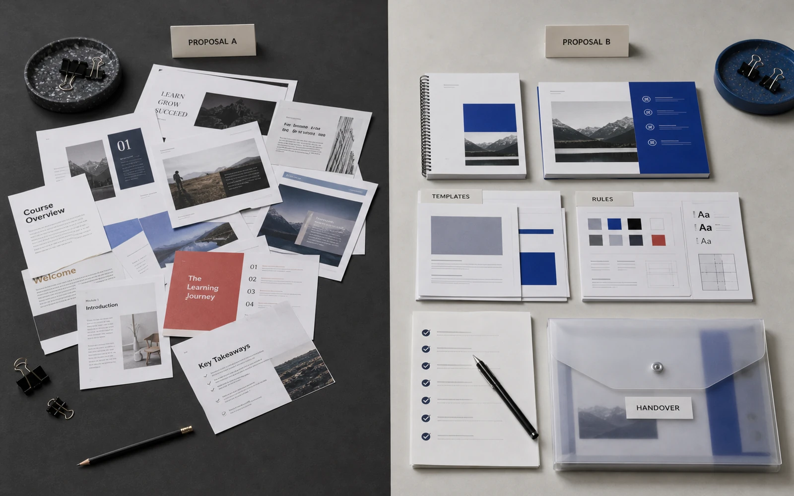 Two course-design proposals compared: a set of separate layouts versus a handed-over system of templates and rules