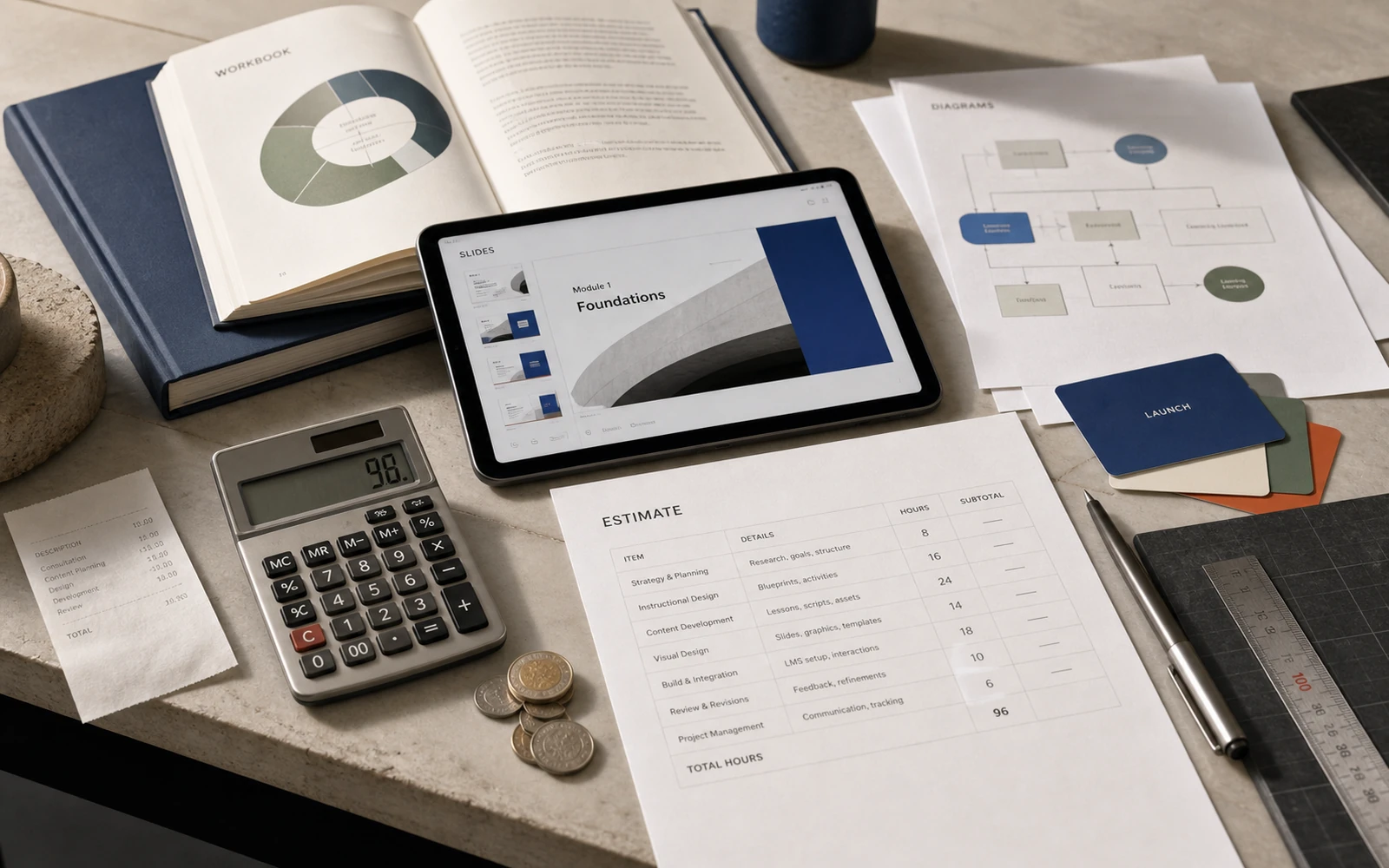 A course design estimate laid out as layers: workbook, slides, diagrams and launch materials in one system
