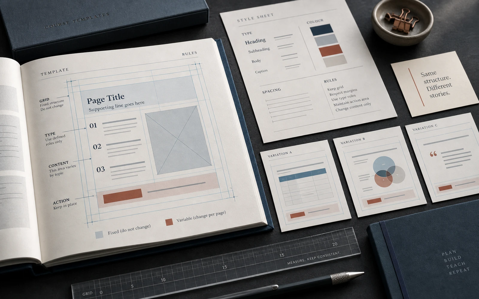 A course template showing protected layout rules beside flexible content variations