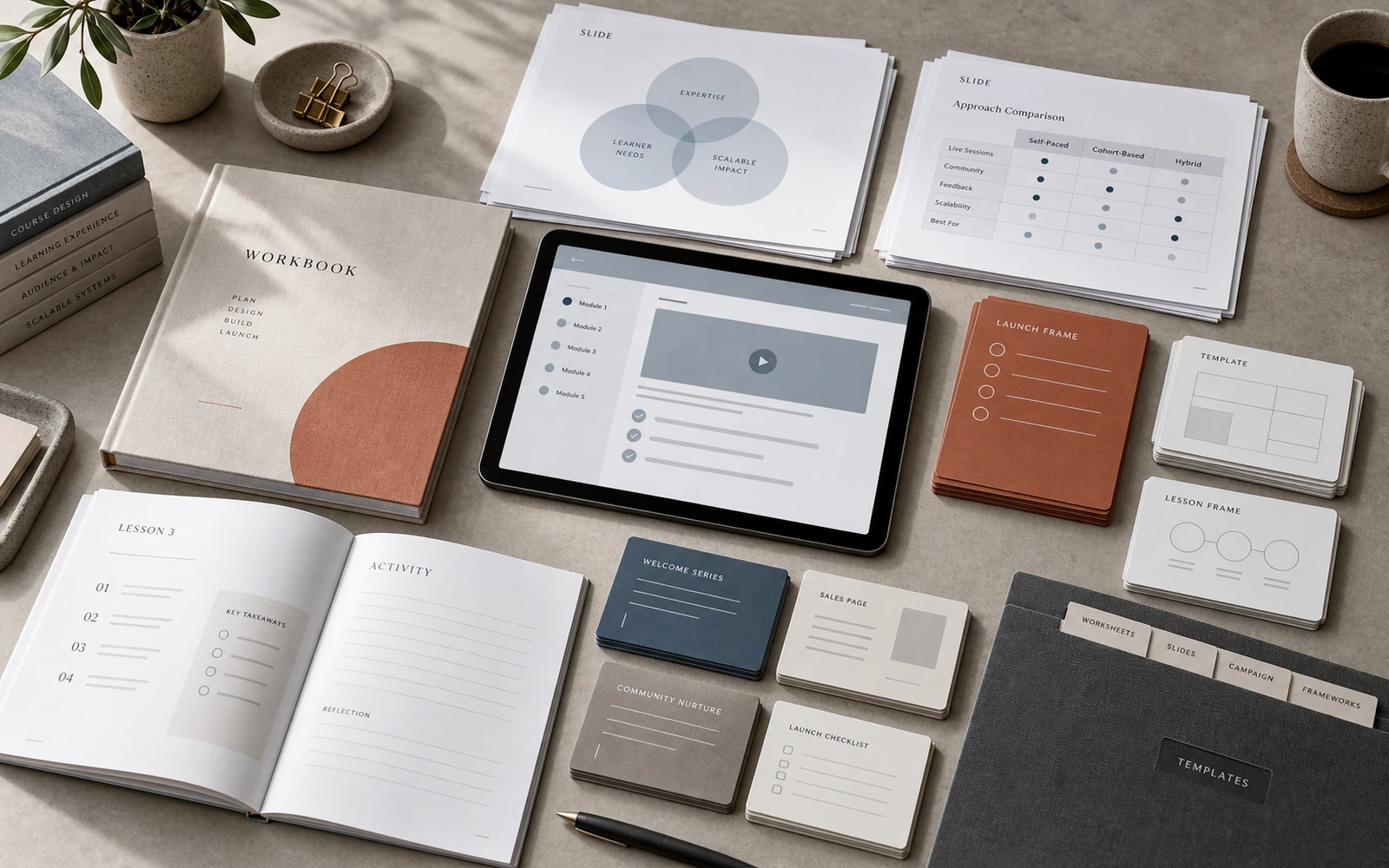 A course template library: workbook page types, slides and campaign frames held in one system