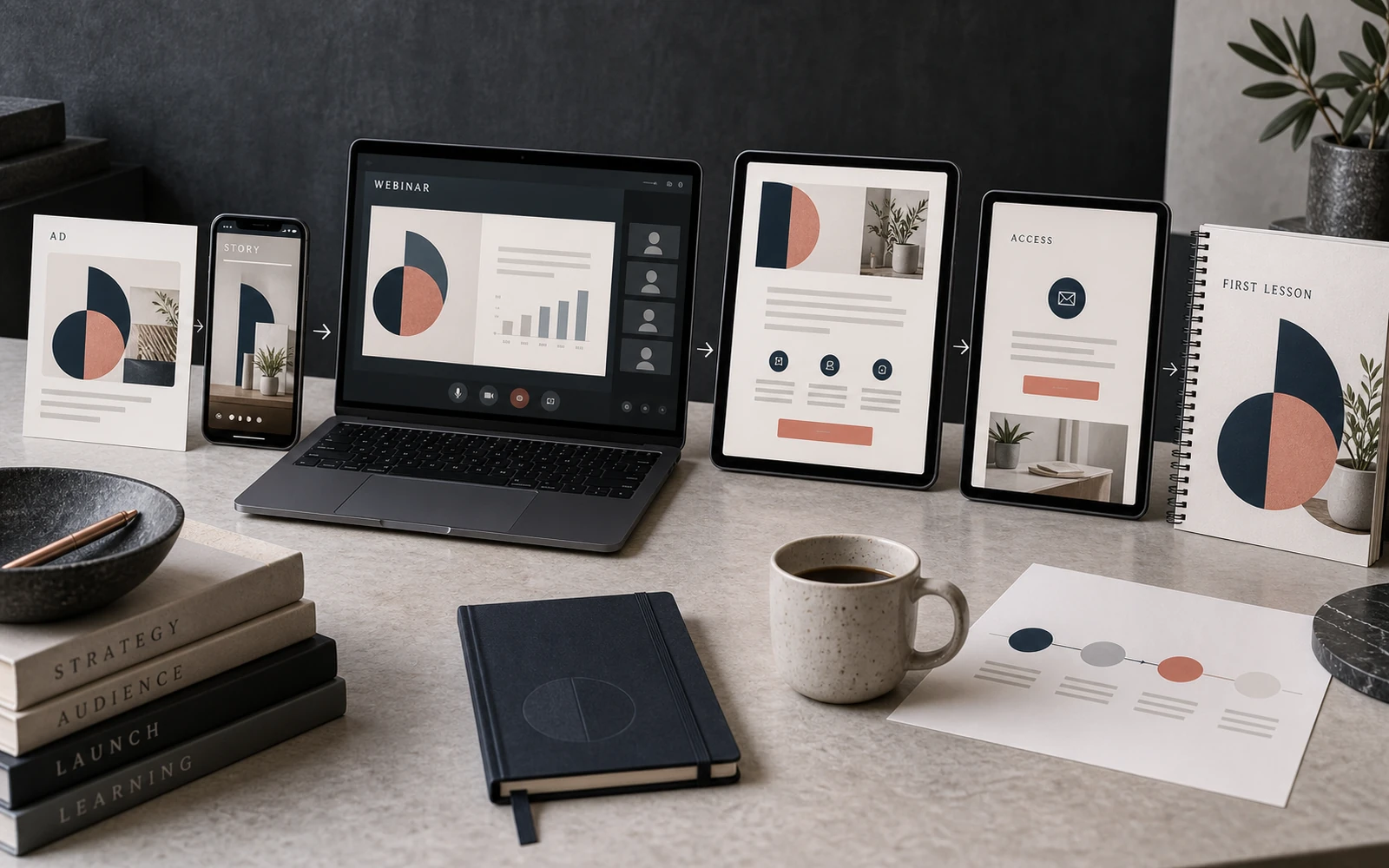 A course launch as the first chapter of the product: ads and stories leading to a webinar, sales page and onboarding