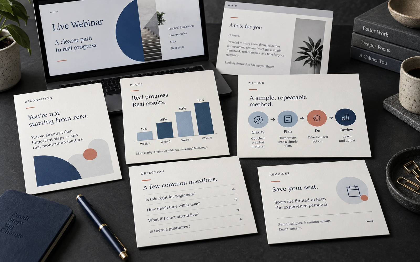 Different launch-campaign jobs in one language: recognition, proof, explaining the method, objection and urgency