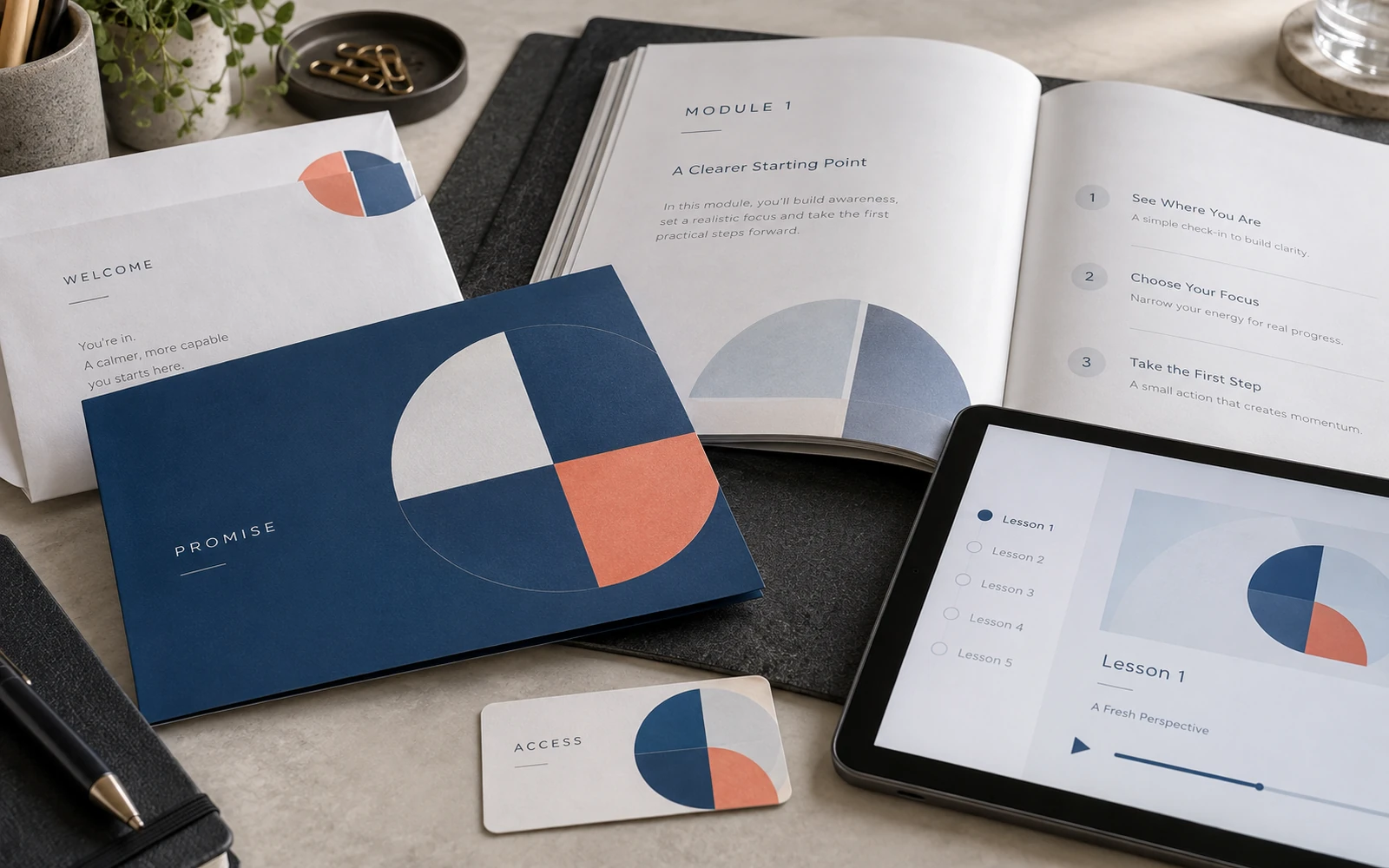 Launch-campaign motifs carried into a workbook, a module slide, a platform cover and a welcome email