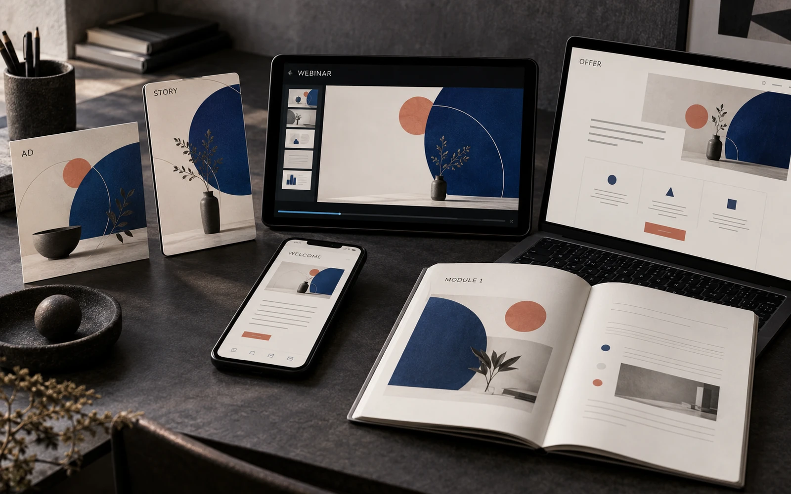 A course launch ecosystem: ads, stories, webinar, sales page and first lesson in one visual language