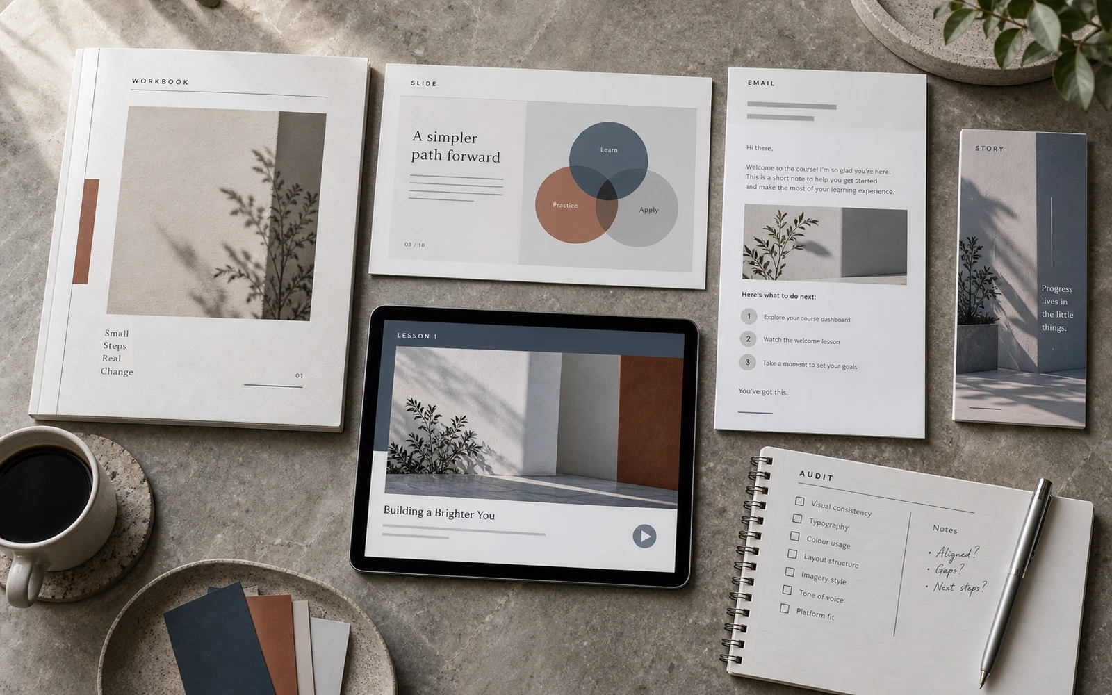 A visual-system audit of a course: workbook, slide, email and stories side by side — together and apart