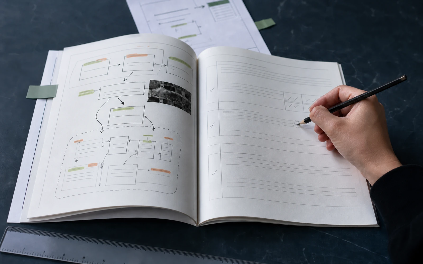 Spread with a framework diagram and a worksheet page with answer fields
