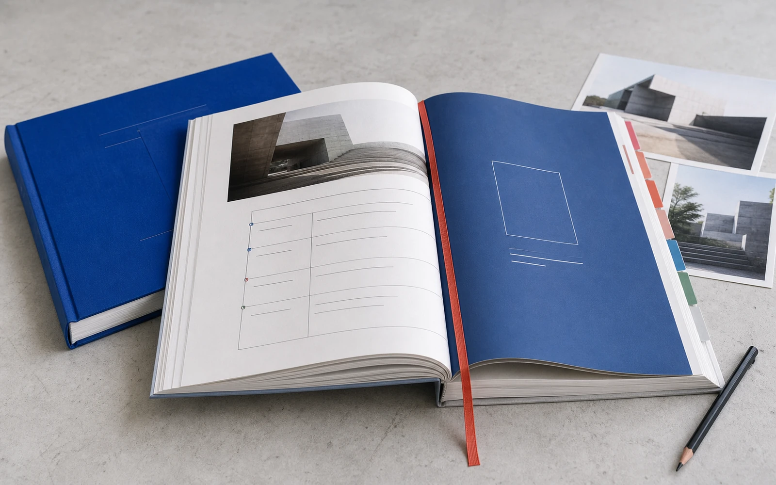 An open premium workbook with navigation pages, color tabs and an architectural photograph on a cool stone table