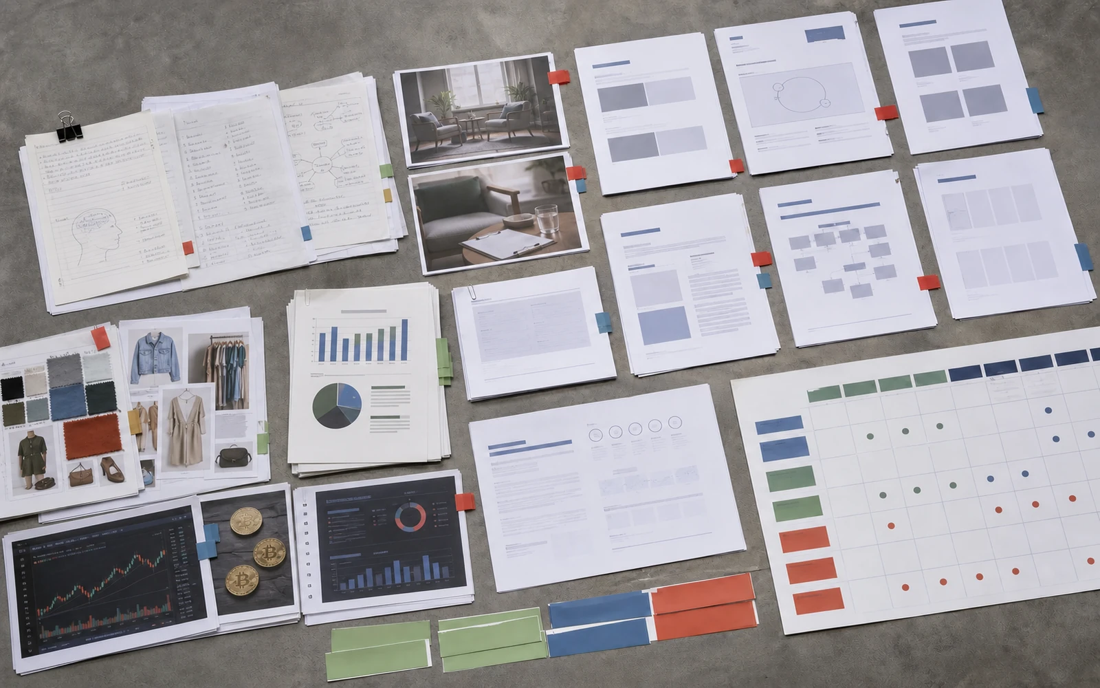 A course content audit board combining psychology notes, business charts, fashion references and crypto market materials