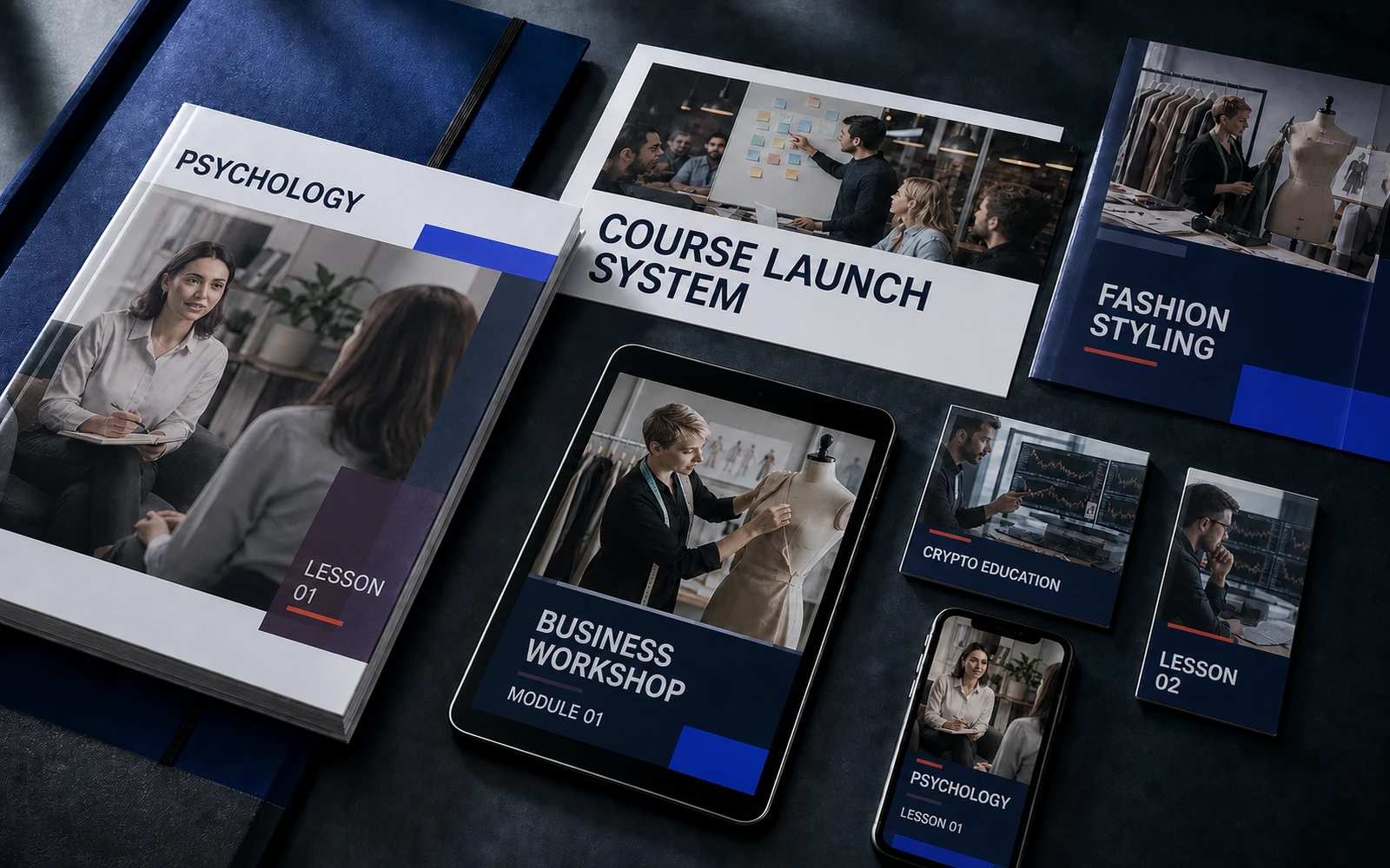 A learning-product launch system combining psychology, business, fashion and crypto education layouts