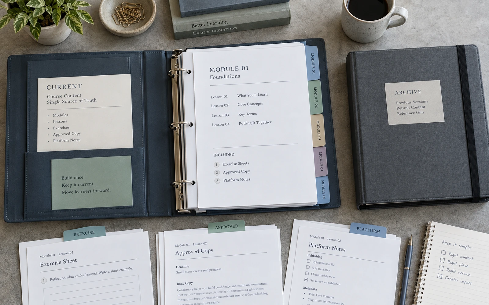 A single course folder structure: modules, lessons, exercises, approved copy and a separate archive of versions