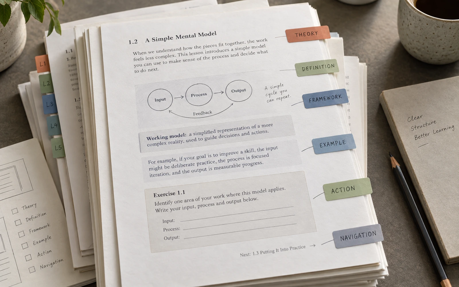 Lesson content with labelled block functions: theory, definition, framework, example, action and navigation