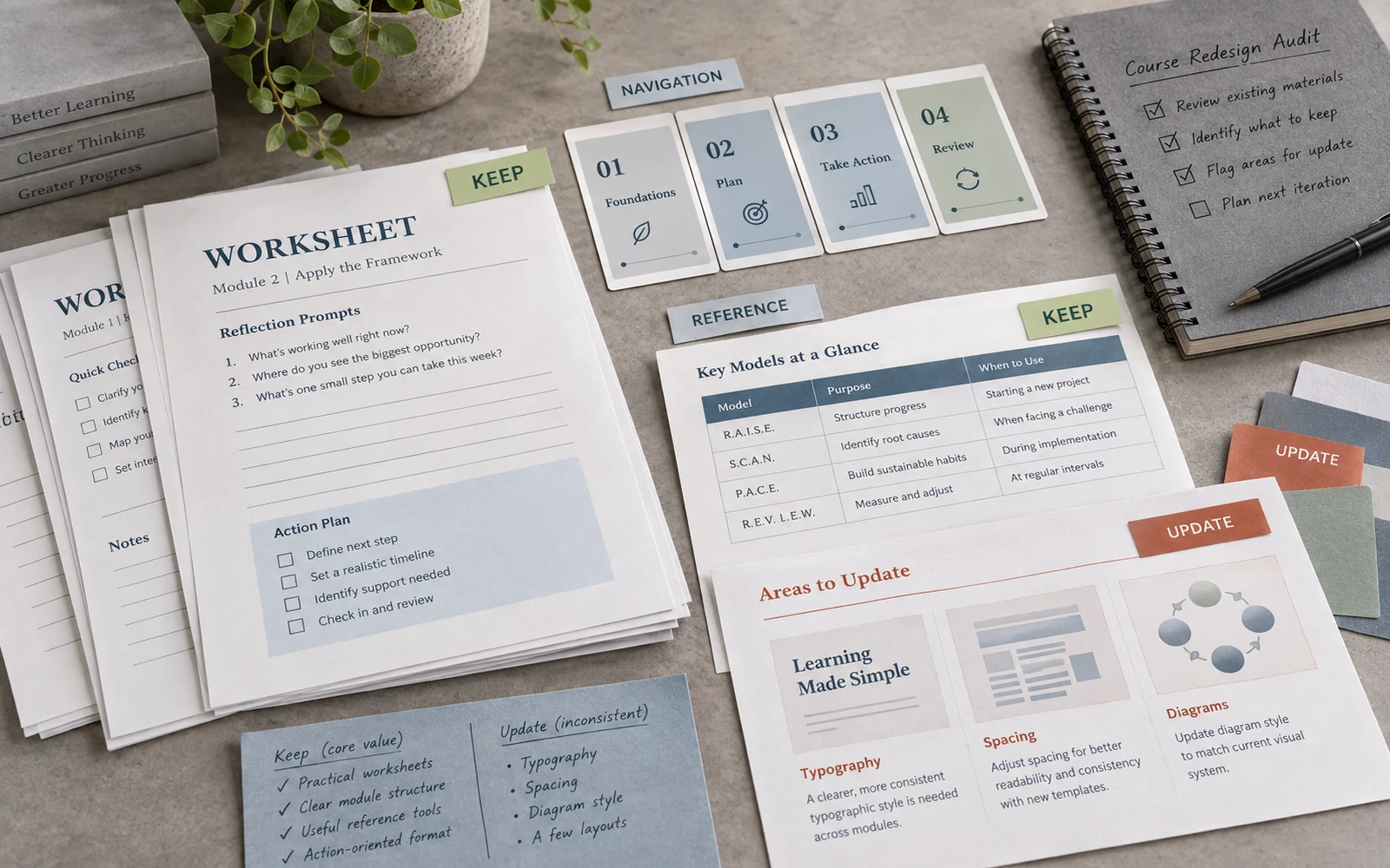 An audit of an existing course: worksheets, navigation and materials learners already use, beside what needs updating