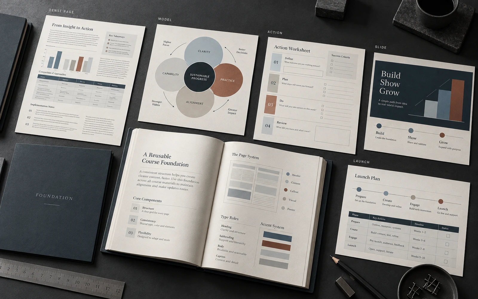 A new visual foundation for a course on representative surfaces: a dense workbook, a slide, onboarding and sales graphics