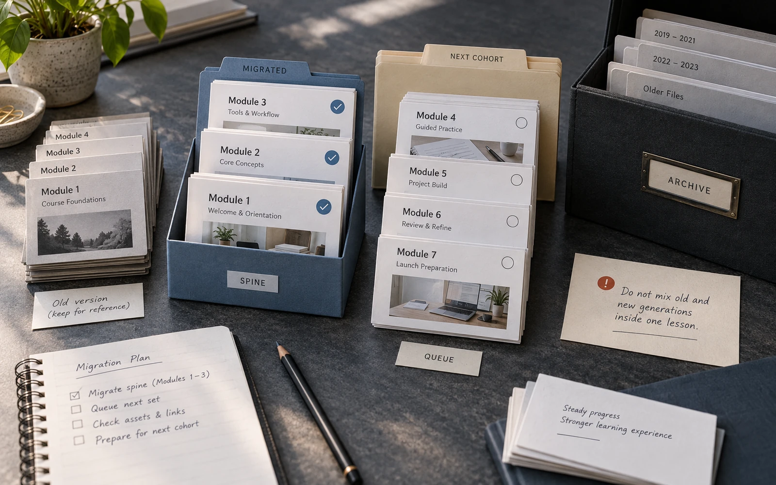 A staged migration of course modules into the new system, with a queue, templates and an archive of older files
