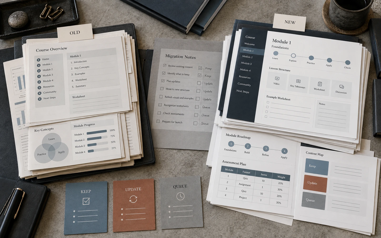 A staged course redesign: existing materials, a new system, and the high-impact points updated first