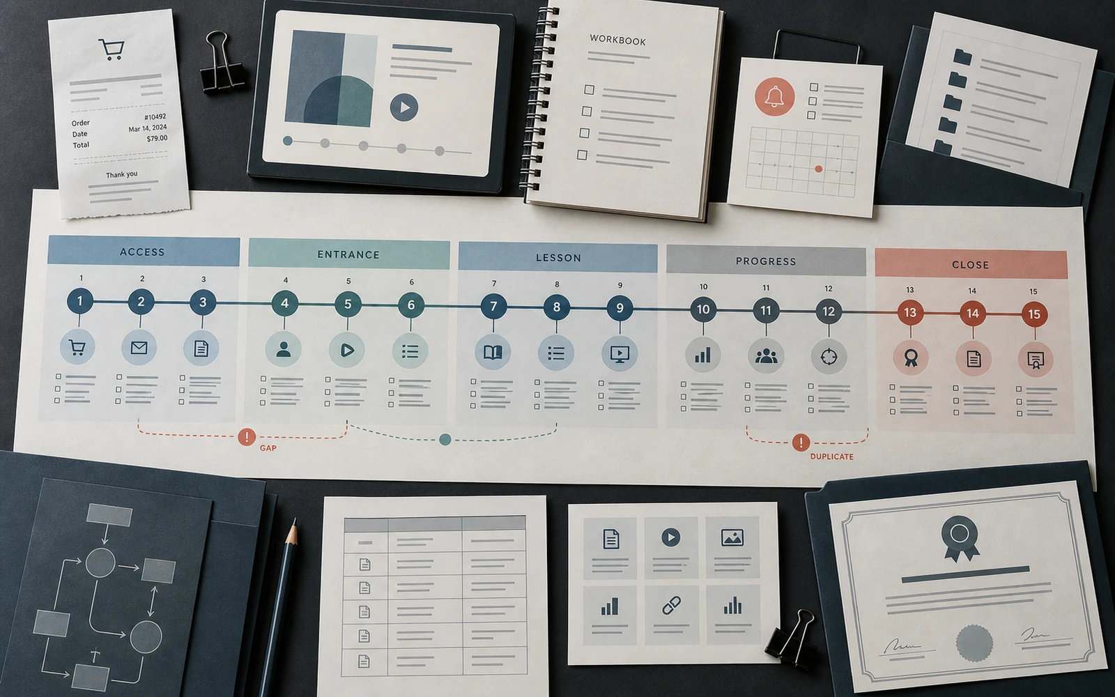 A working map of fifteen learner touchpoints from the offer to the certificate
