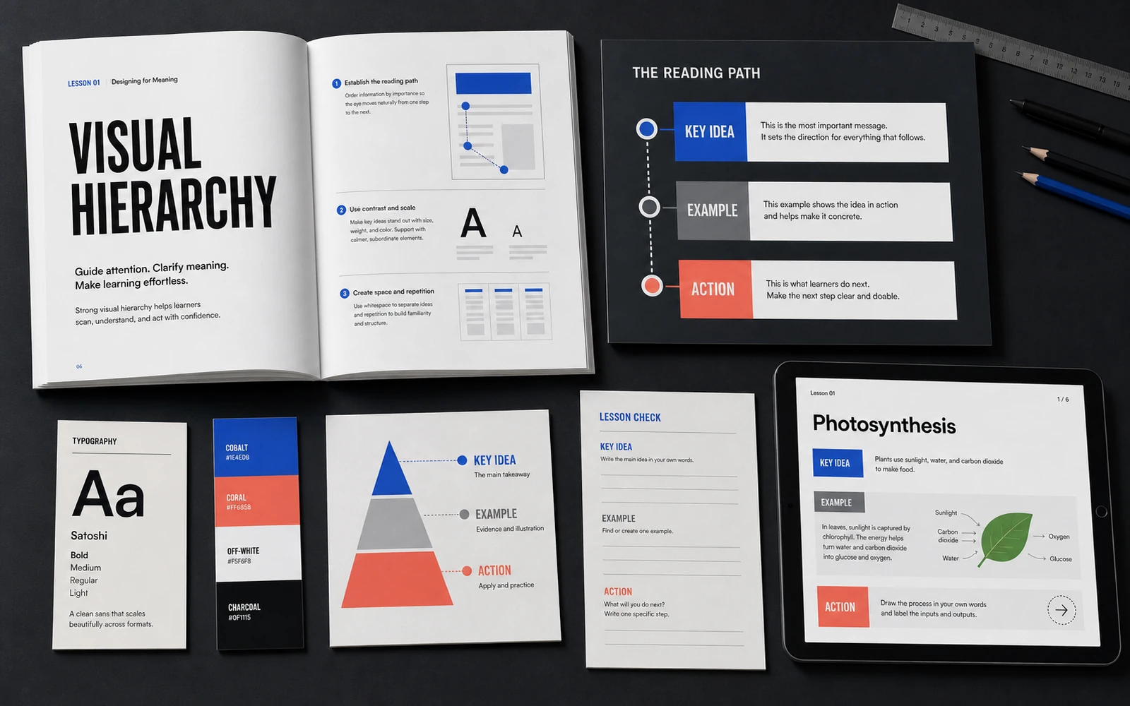 A premium editorial lesson system showing visual hierarchy, a reading path and repeatable course layouts