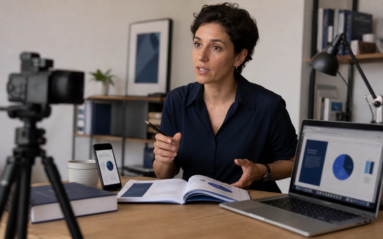 An educator recording a lesson with the workbook, laptop presentation and phone version of the course nearby