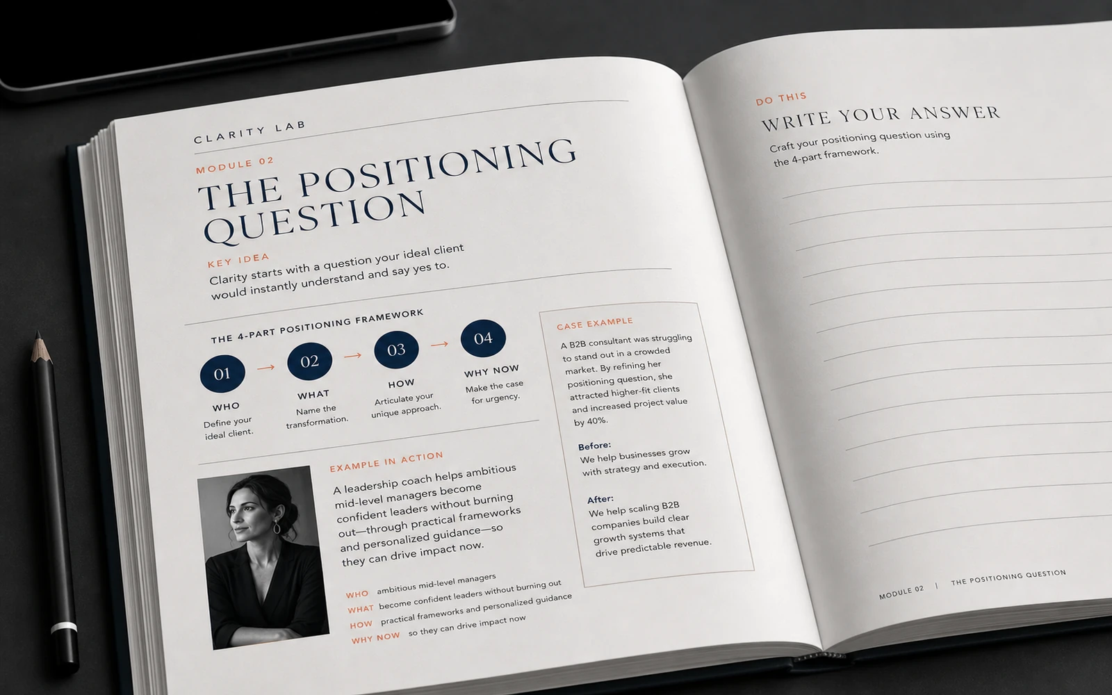 A dense CLARITY LAB workbook spread with a clear heading, framework, example and writing field