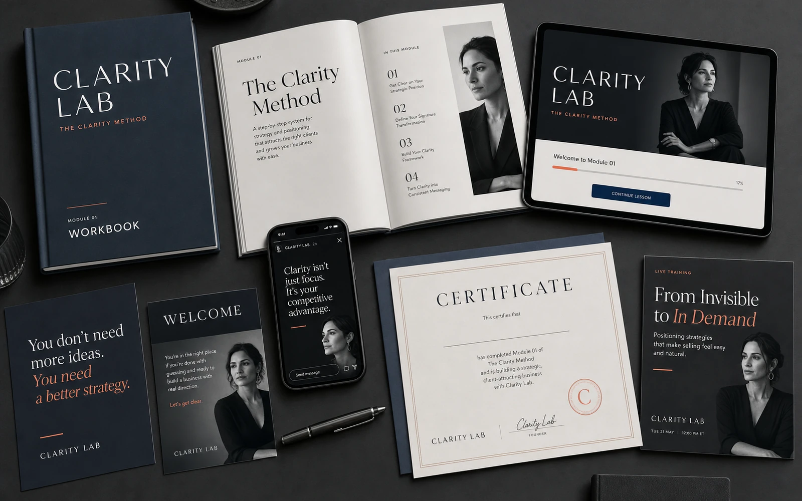 A complete CLARITY LAB course system connecting workbook, lessons, phone, welcome email and certificate