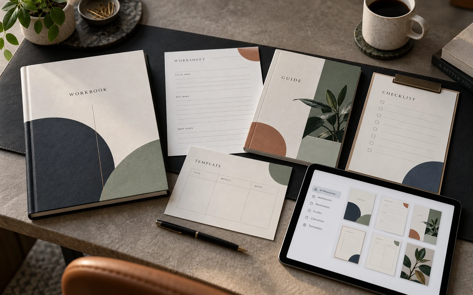 A family of course learning materials: workbook, a separate worksheet, a guide and a checklist in one visual system