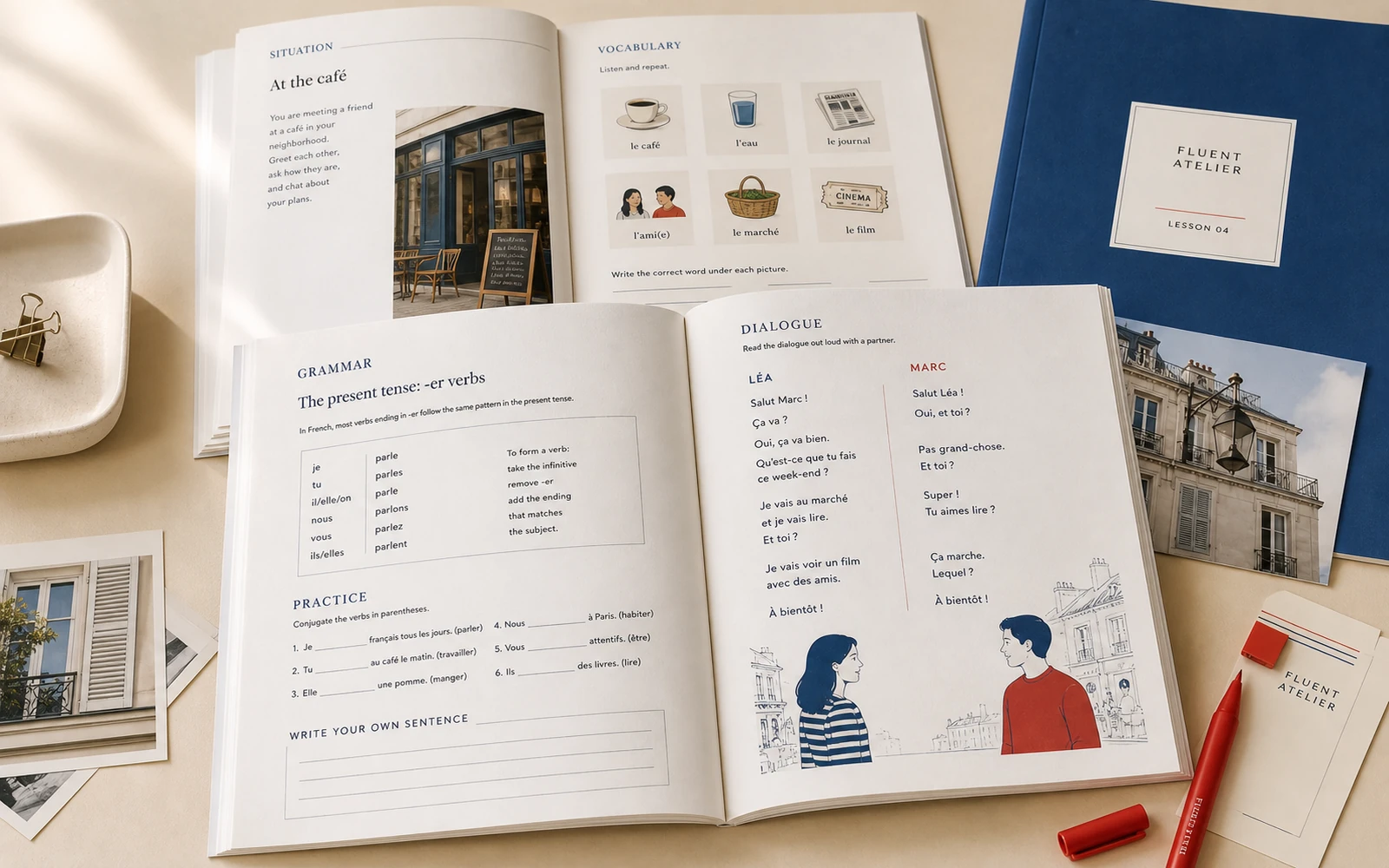 Fluent Atelier French lesson workbook spreads