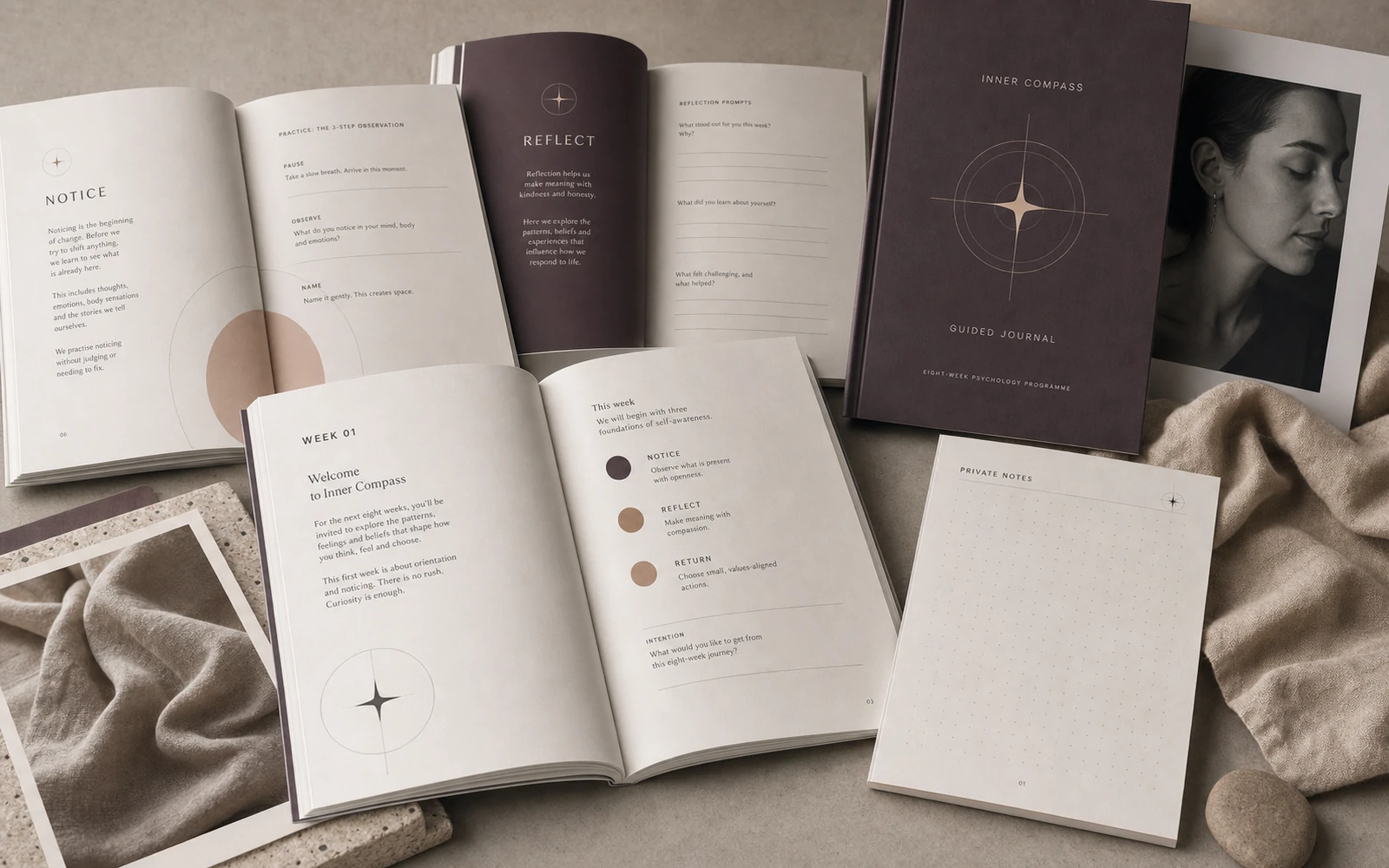 Inner Compass workbook and guided journal spreads