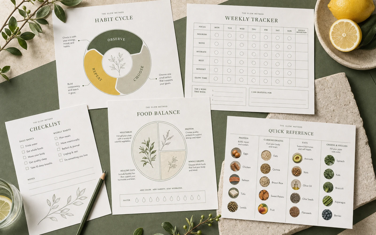 The Glow Method habit trackers and nutrition diagrams